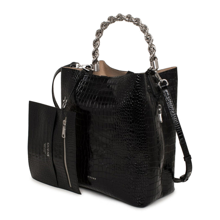 Black Leather Embossed Shoulder Bag with matching pouch